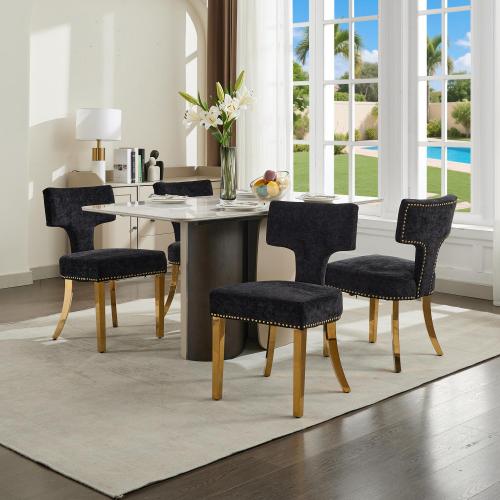 Set of 2 Black Mid-Century Farmhouse Dining Chairs, Copper Nail Curved Back Golden Plated Stainless Steel Legs 300lbs Capacity