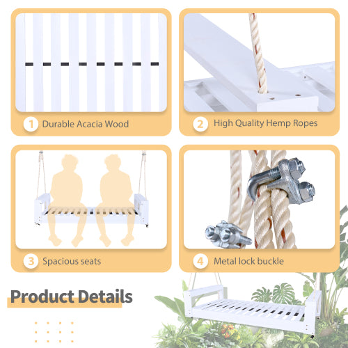 Twin Size Porch Swing Bed Seating Group, Patio Acacia Wood Swing Frame with Hemp Ropes for Garden, Backyard, White