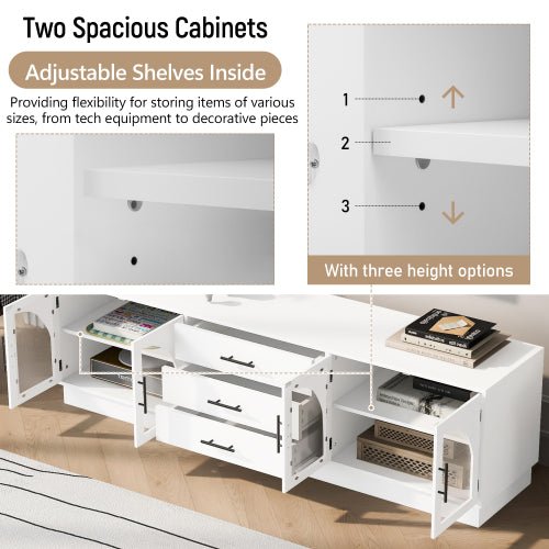 68.9 Inch Minimalist MDF TV Stand Arched Glass Doors 3 Drawers 2 Cabinets for TVs Up To 75 Inch