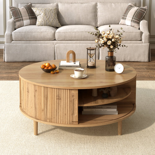 Round Lift Top Coffee Table Storage Sliding Door Pine Wood Legs Modern Wave Grain