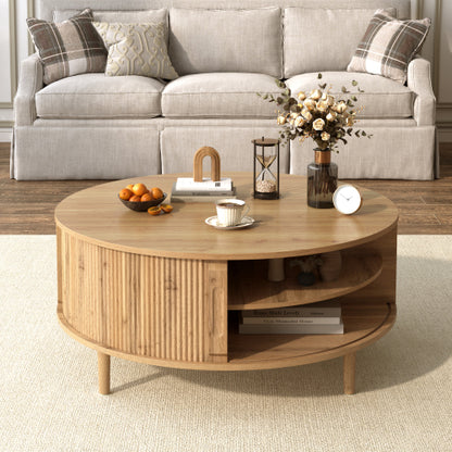 Round Lift Top Coffee Table Storage Sliding Door Pine Wood Legs Modern Wave Grain