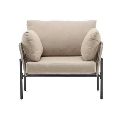 36" Beige Iron Lounge Chair with Rope Weave Design and Plush Cushions, Perfect for Indoor and Outdoor Relaxation