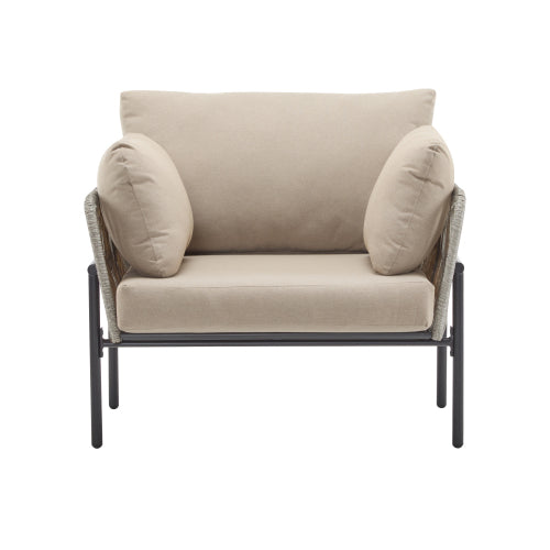 36" Beige Iron Lounge Chair with Rope Weave Design and Plush Cushions, Perfect for Indoor and Outdoor Relaxation