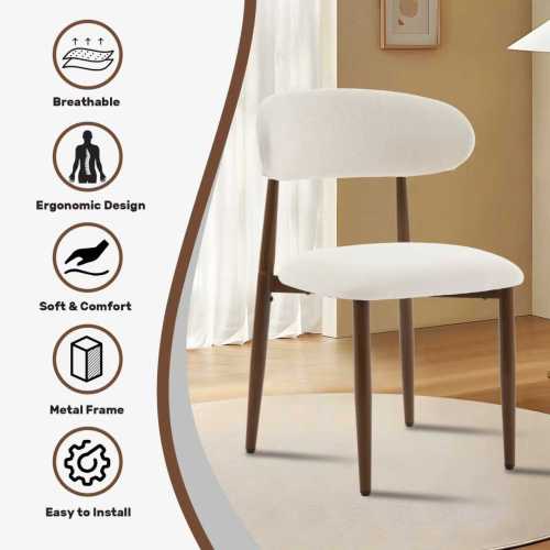 Set of 2 Metal Dining Chairs with Upholstered Seat, Woodgrain Frame, Beige Kitchen Chairs