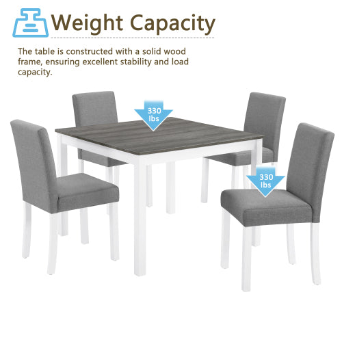 5-Piece Grey & White Two Tone Dining Set, Square Wooden Table with 4 Upholstered Chairs