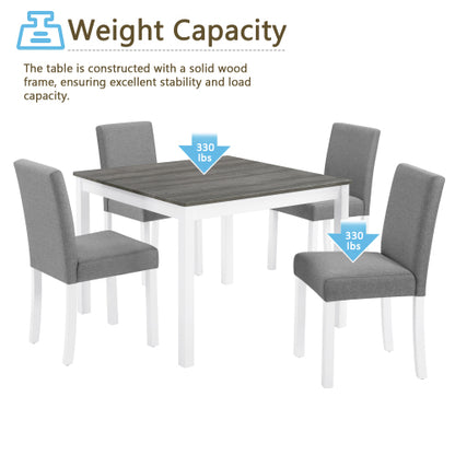 5-Piece Grey & White Two Tone Dining Set, Square Wooden Table with 4 Upholstered Chairs