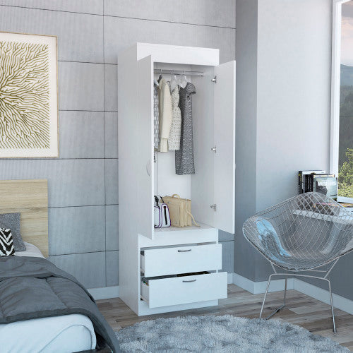 Armoire, Rod, Double Door, Two Drawers, Metal Handles White