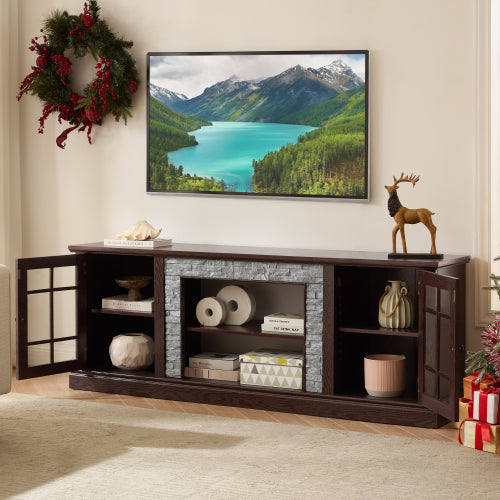 70 Inch Cherry Faux Stone 2-Door TV Media Console Adjustable Storage Shelves 6 Cable Holes Holds 75 Inch TV