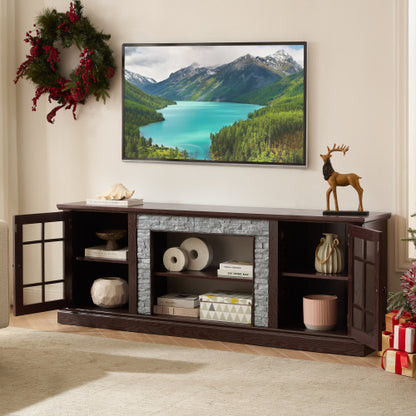 70 Inch Cherry Faux Stone 2-Door TV Media Console Adjustable Storage Shelves 6 Cable Holes Holds 75 Inch TV