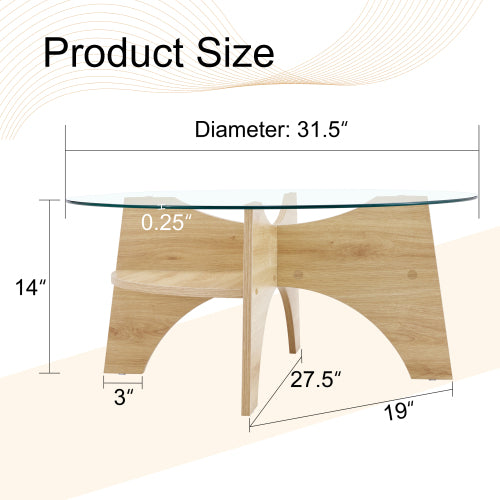 31.5 Inch Round Tempered Glass Coffee Table, Fan-Shaped Wood Grain Pedestal Table for Living Room & Office