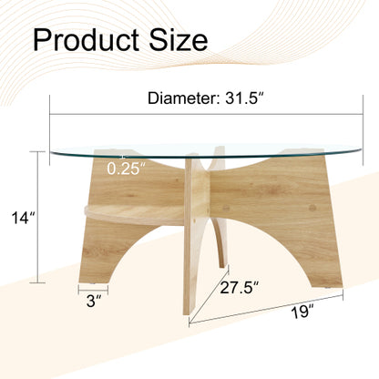 31.5 Inch Round Tempered Glass Coffee Table, Fan-Shaped Wood Grain Pedestal Table for Living Room & Office