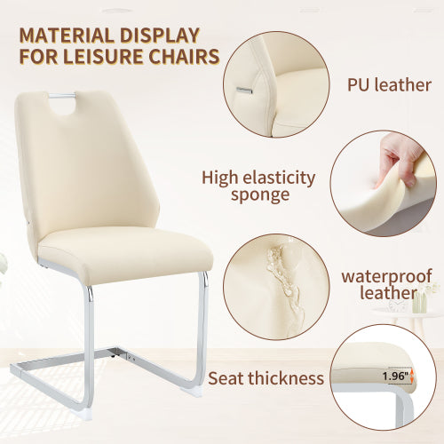 Set of 2 Off White PU Mesh Texture High Back Dining Chairs, Silver Back Ring Chrome Pull Handle Solid Iron Frame