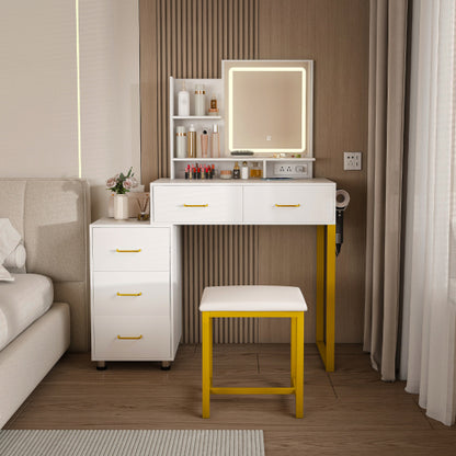Makeup Vanity with LED Lights&3 Color and Power Outlet Makeup Vanity Table with 5 Drawers with Sturdy Metal Leg and Metal Chair Dressing Table for Bedroom Dressing Room (White)
