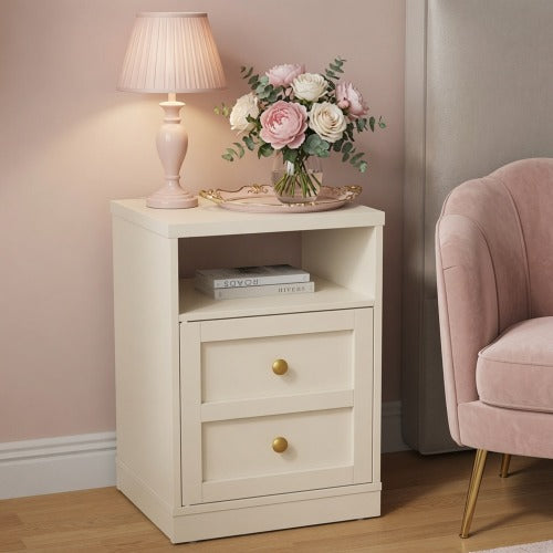 Beige Faux Drawer Nightstand with Door & Open Shelf