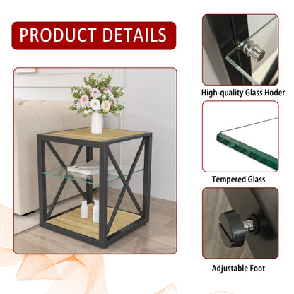1 piece Modern End Table Nightstand for Bedroom & Living Room, Tempered Glass&Natural Wood MDF Top , Industrial Style Side Table