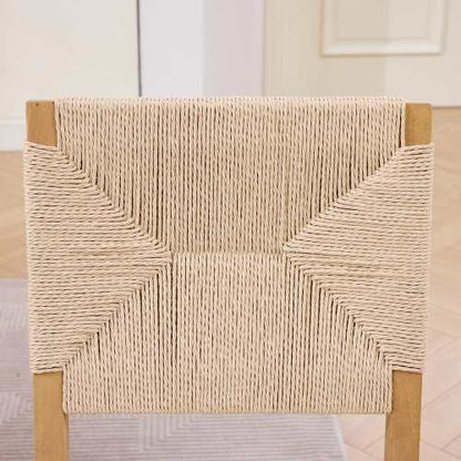Cane Back Wood Dining Chairs with Linen Cushions, Set of 2, Beige