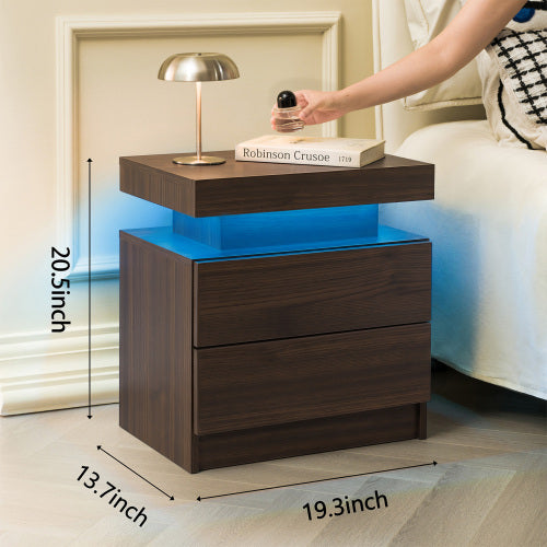 Walnut LED Nightstand with Adjustable Lights & Drawers