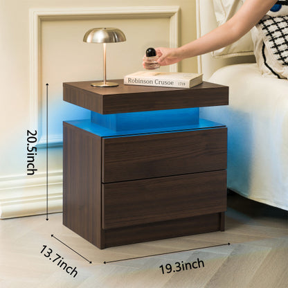 Walnut LED Nightstand with Adjustable Lights & Drawers