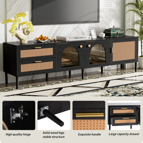 70.8 Inch Black Rattan LED TV Stand Solid Wood Leg Media Console Supports 80 Inch TV