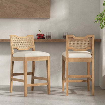 Set of 2 Natural Rubber Wood Farmhouse Rattan Back Counter Bar Stools, Beige Fabric 27.9inch  Seat Height Armless Stools