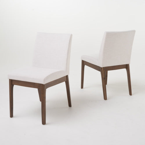 Set of 2 Contemporary Minimalist Dining Chairs, Walnut Rubberwood Legs with Light Beige Upholstery