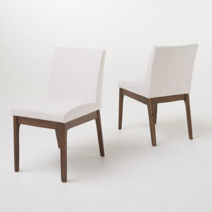 Set of 2 Contemporary Minimalist Dining Chairs, Walnut Rubberwood Legs with Light Beige Upholstery