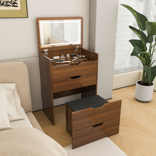 3-in-1 Vanity Desk with Lighted Mirror & Stool, Flip Top Makeup Dressing Table, Compact Storage for Bedroom, Bathroom, Dressing Room(23.62inch L, Walnut)