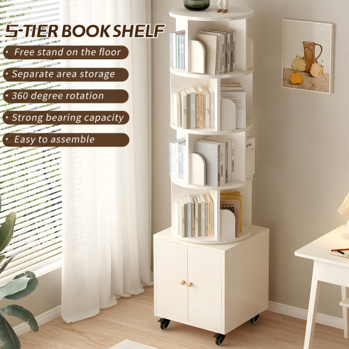 White 5-Tier Rotating Bookshelf with Double Door Drawer, Slim Wooden Corner Storage Cabinet for Home