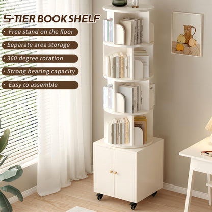 White 5-Tier Rotating Bookshelf with Double Door Drawer, Slim Wooden Corner Storage Cabinet for Home