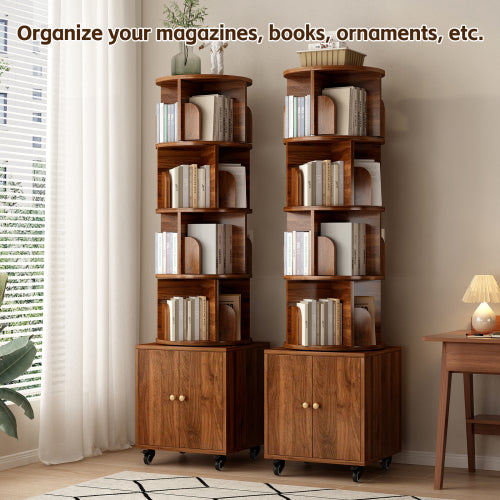 Walnut 5-Tier Rotating Bookshelf with Closed Drawer, Retro Solid Wood Narrow Corner Home Book Organizer
