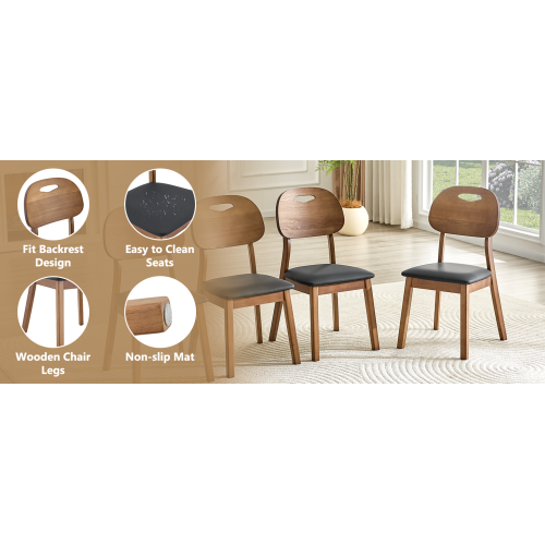 Set of 2 Walnut Solid Wood Dining Chairs, Hollow Back Chairs with Black PU Seat Cushion