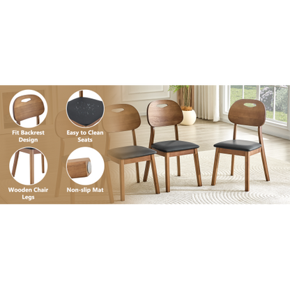 Set of 2 Walnut Solid Wood Dining Chairs, Hollow Back Chairs with Black PU Seat Cushion