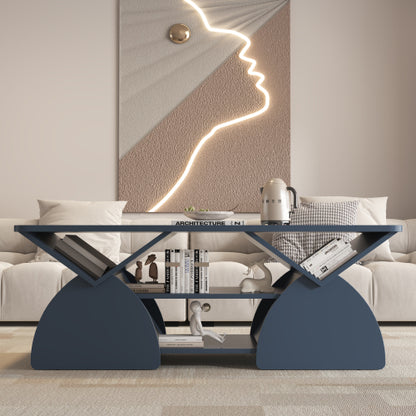 47.24 Inch Rectangular Storage Coffee Table with Rounded Corners, Blue