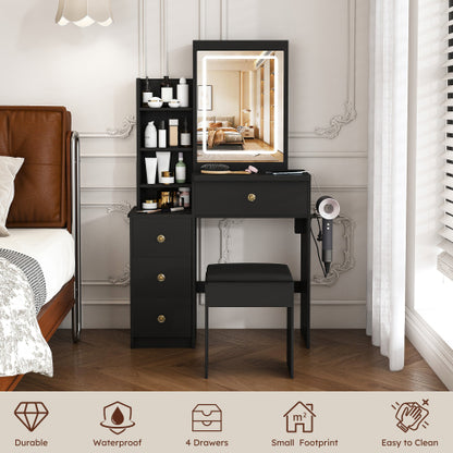 Contemporary Black Vanity Desk with LED Mirror, 4 Drawers & Open Storage, Outlet & Dryer Holder, Includes Dressing Chair