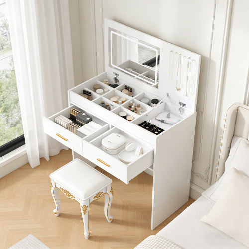 White Flip Top Vanity Desk with LED Lighted Mirror & Built-in Outlet, 2 Drawers, Open Storage, Jewelry Hooks