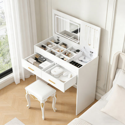 White Flip Top Vanity Desk with LED Lighted Mirror & Built-in Outlet, 2 Drawers, Open Storage, Jewelry Hooks
