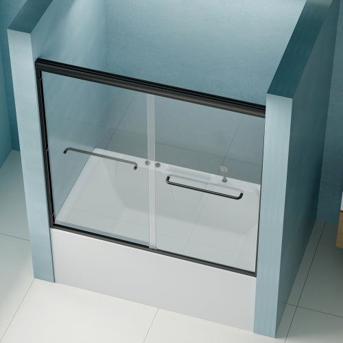 56"-60" W x 58" H Double Sliding Bathtub Shower Door, Semi-Frameless Bypass Tub Door, 1/4" (6mm) Tempered Glass with Explosion-Proof Film, Adjustable Aluminum Alloy Frame, Matte Black 24D03-T60MBX