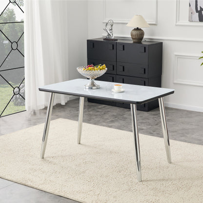47.3 Inch Marble Tempered Glass Dining Table with Silver Tapered Metal Legs