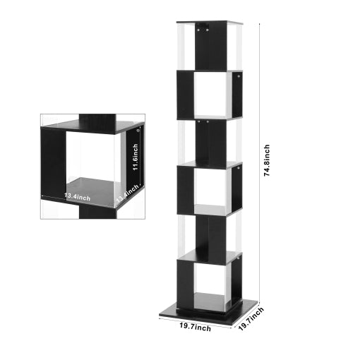 6-Tier Black 360¡ã Rotating Bookshelf Particleboard Acrylic Anti-Tall Base Household Multi-Layer Storage Display Shelf