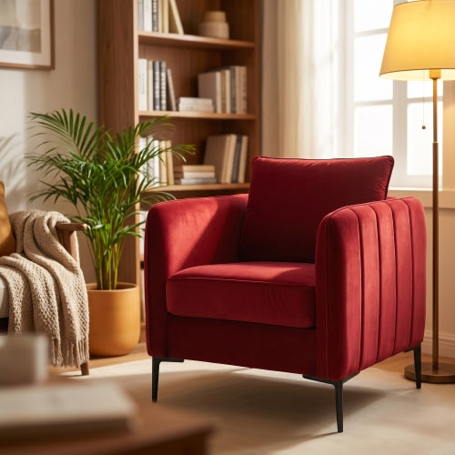 Mid-Century Modern Velvet Accent Armchair with 1 Pillow & Metal Legs
