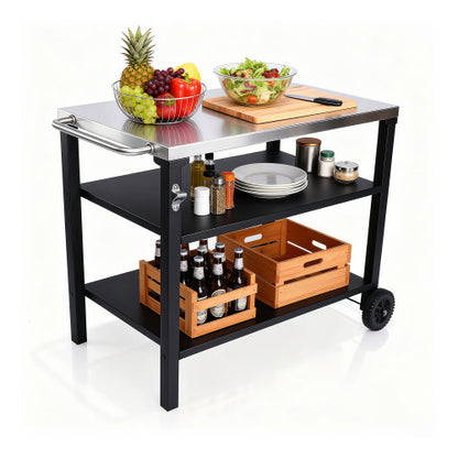 3-Tier Outdoor Grill Cart with Stainless Steel Top, Movable BBQ Prep Table with Wheels, Rolling Serving Bar Cart for Patio, Backyard, Pizza Oven Stand, Black