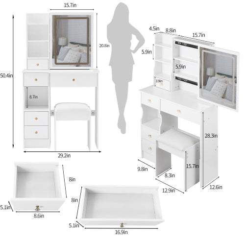29.2 inch  Small Vanity Table w/ LED Mirror, Left Drawer, 3-Color Dimmable Light & Stool