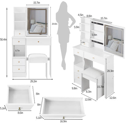 29.2 inch  Small Vanity Table w/ LED Mirror, Left Drawer, 3-Color Dimmable Light & Stool