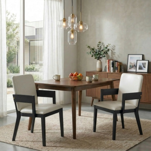 Set of 2 Modern Dining Chairs, Black Hardwood Frame with White Glossy PU Leather Upholstery
