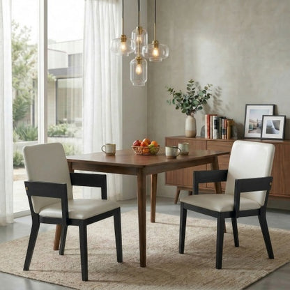 Set of 2 Modern Dining Chairs, Black Hardwood Frame with White Glossy PU Leather Upholstery