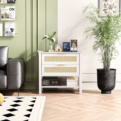 White Rattan 2-Drawer Nightstand with Shelf, Boho Style