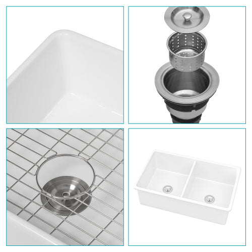 32"x19"x10" Undermount Double Bowl Fireclay Kitchen Sink - Dual Mount White Porcelain Fireclay Rectangular Deep Double Bowl Sink Basin