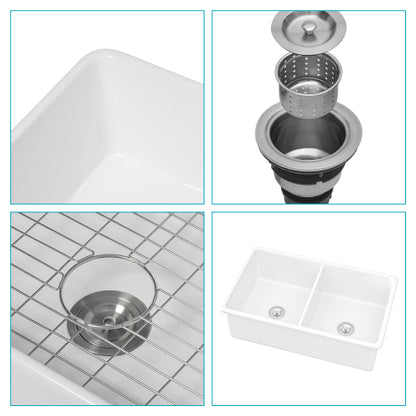 32"x19"x10" Undermount Double Bowl Fireclay Kitchen Sink - Dual Mount White Porcelain Fireclay Rectangular Deep Double Bowl Sink Basin