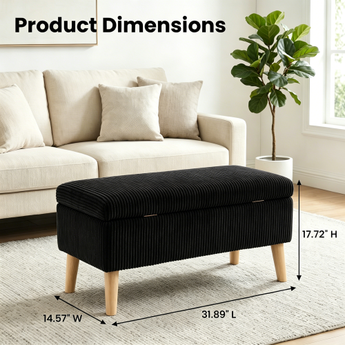 32 inch Corduroy Storage Ottoman Bench with Flip Top & Wood Legs