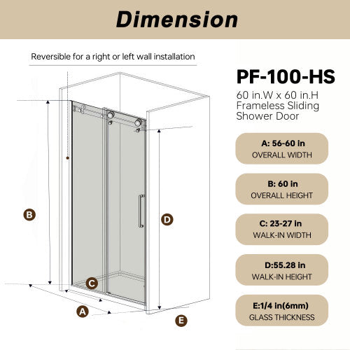 Frameless Single sliding shower door 56-60 "W x 60" H, 1/4 "(6 mm) Clear Tempered Glass, Explosion Proof Film, Stainless Steel Handle,Square Tube Track ,Matte Black